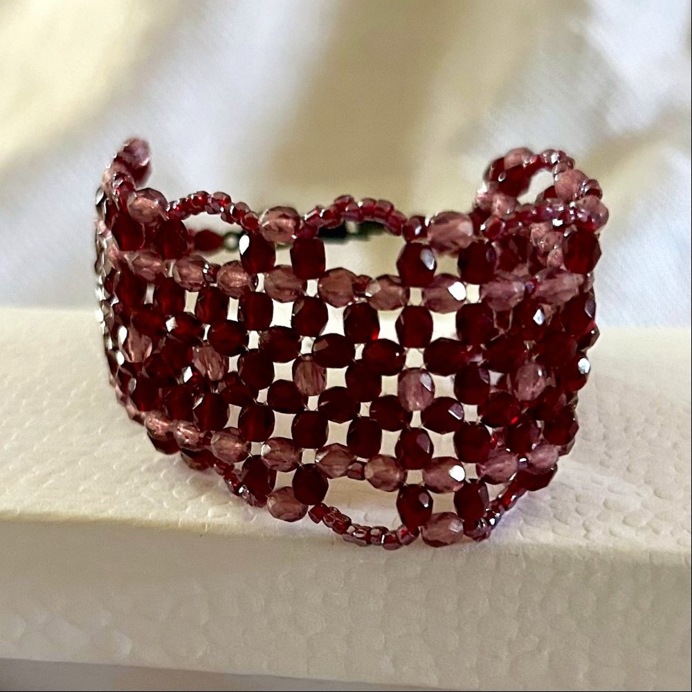 Pink & Burgundy Beaded Cuff Bracelet